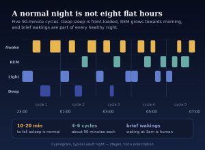 Hypnogram showing five 90-minute sleep cycles across a night, with deep sleep early and REM towards morning
